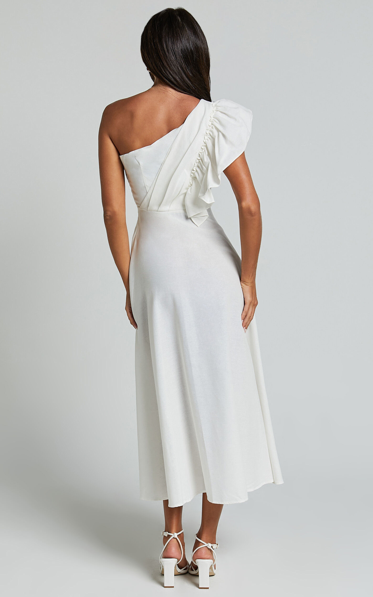 Dixie Midi Dress Linen Look One Shoulder Ruffle Dress in White Showpo