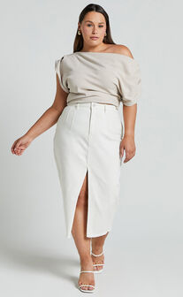 Janeve Midi Skirt - Front Split Denim Skirt in Ecru