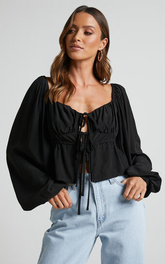 Nadine Top - Long Sleeve Ruched Bust Top in Black