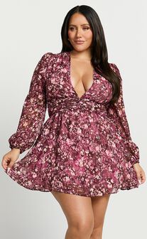 Eleanor Mini Dress - Plunge Twist Front Jacquard Dress in Wine Floral