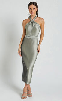 Marlette Midi Dress - Pleated Open Back Halter Dress in Sage