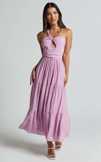 Aniston Midi Dress - One Shoulder Cut Out Front Tiered Dress in Lilac