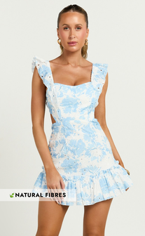 Anisha Mini Dress - Flutter Sleeve Straight Neck With Tie Back Dress in Blue Floral Print