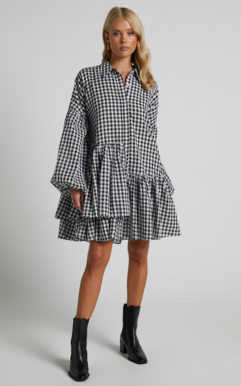 Brielle Mini Dress - Button Up Collared Tiered Smock Dress in Gingham Check