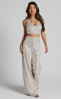 Abela Two Piece Set - Crop Top and Wide Leg Pants Set in Silver Sequin