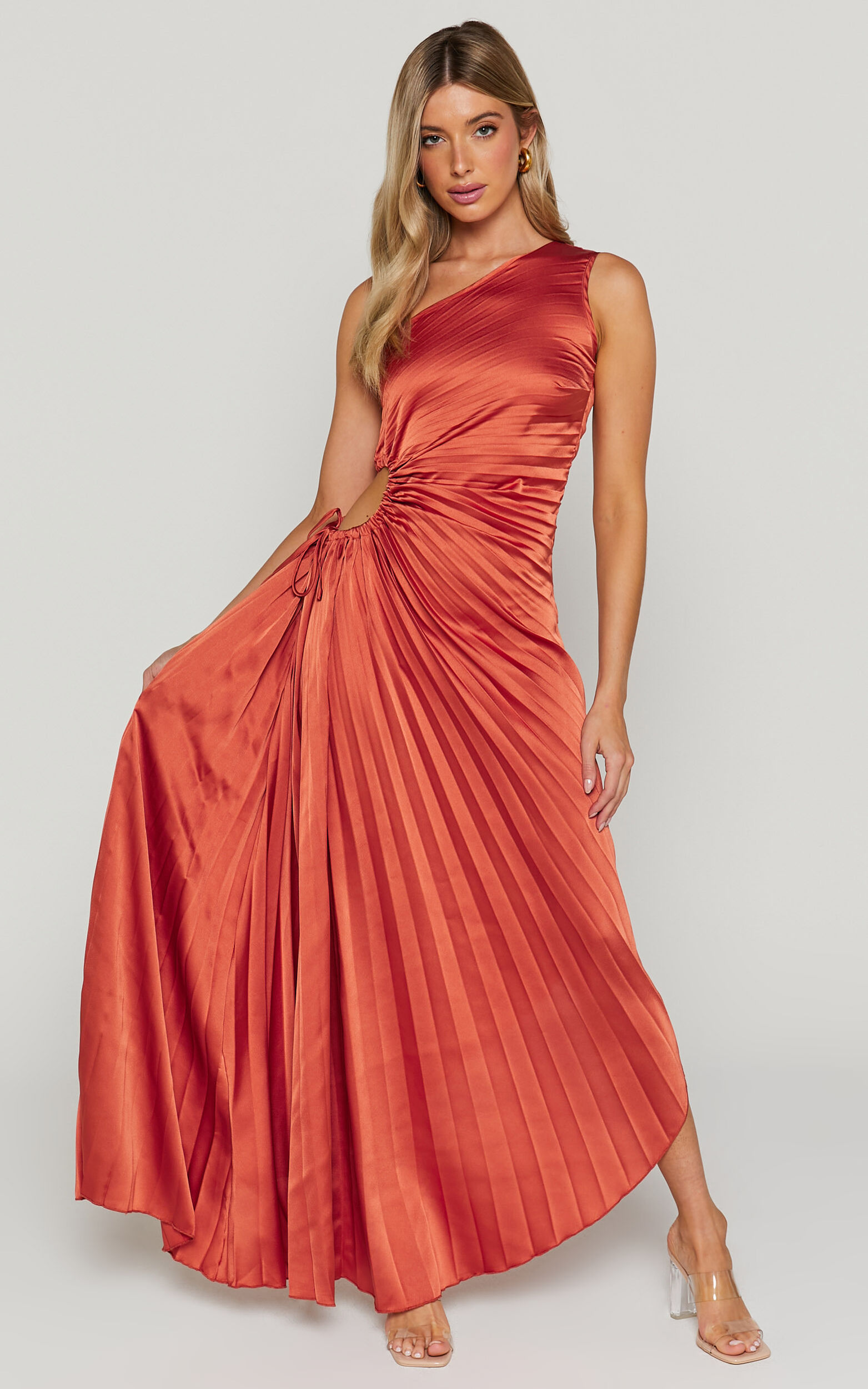Kitsune Maxi Dress - One Shoulder Cut Out Dress in Copper - 06, GLD1