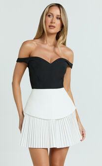 Izara Mini Dress - Off Shoulder Pleated Dress in Black/White