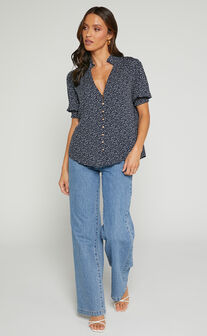 Rocsi Top - Short Sleeve Button through Blouse in Black and white spot