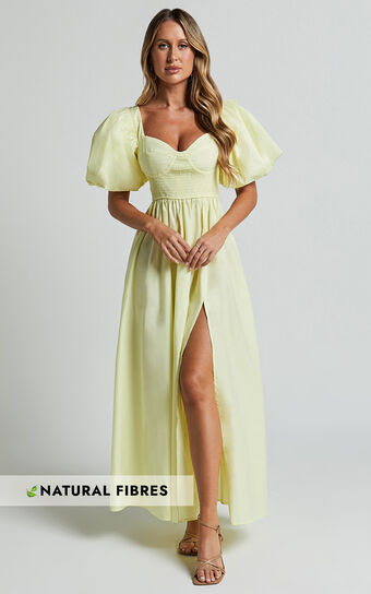 Raiza Midi Dress - Shirred Waist Puff Sleeve Dress in Lemon