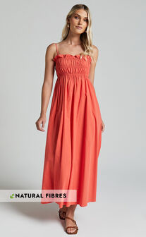Aurora Midi Dress - Straight Neckline Sleeveless Dress in Orange Red