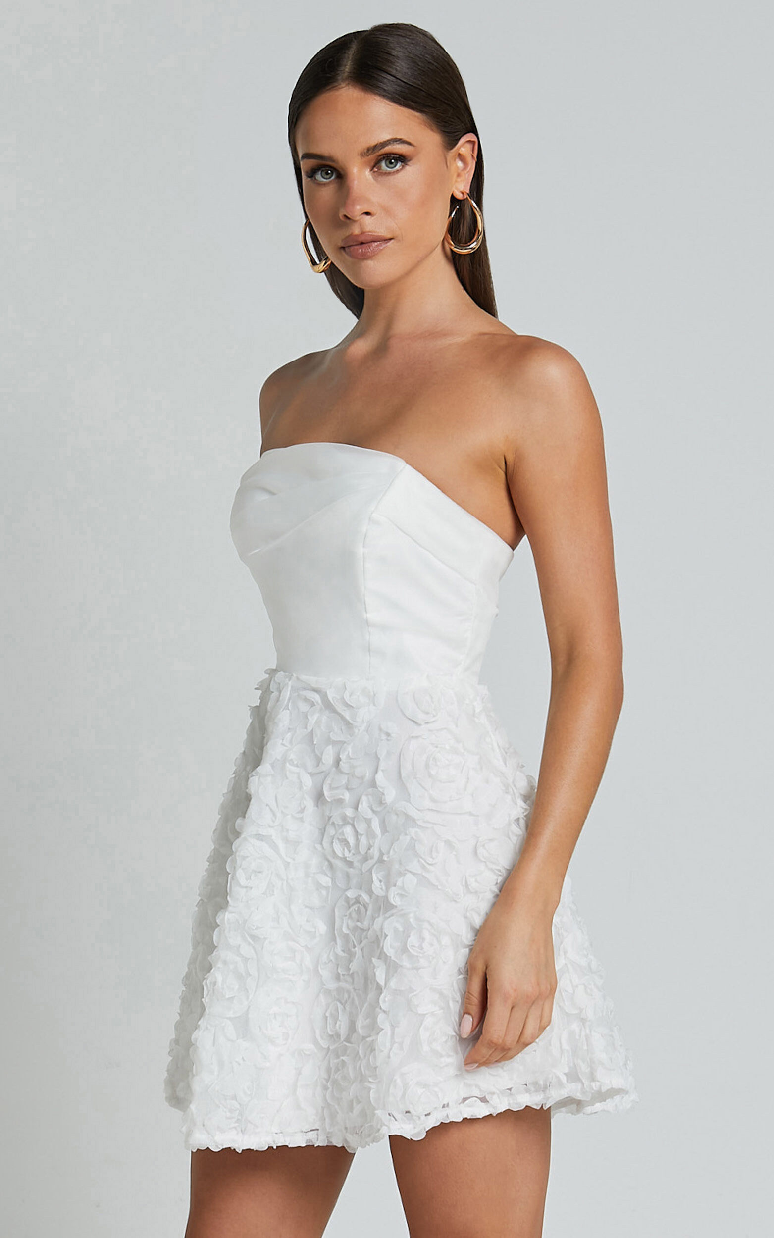 Violeta Mini Dress - Strapless 3d Floral Dress in White | Showpo USA