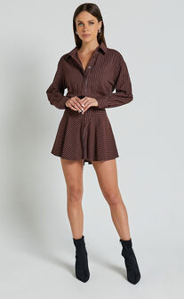 Whitney Mini Dress - Linen Look Long Sleeve Shirt Dress in Chocolate Pinstripe