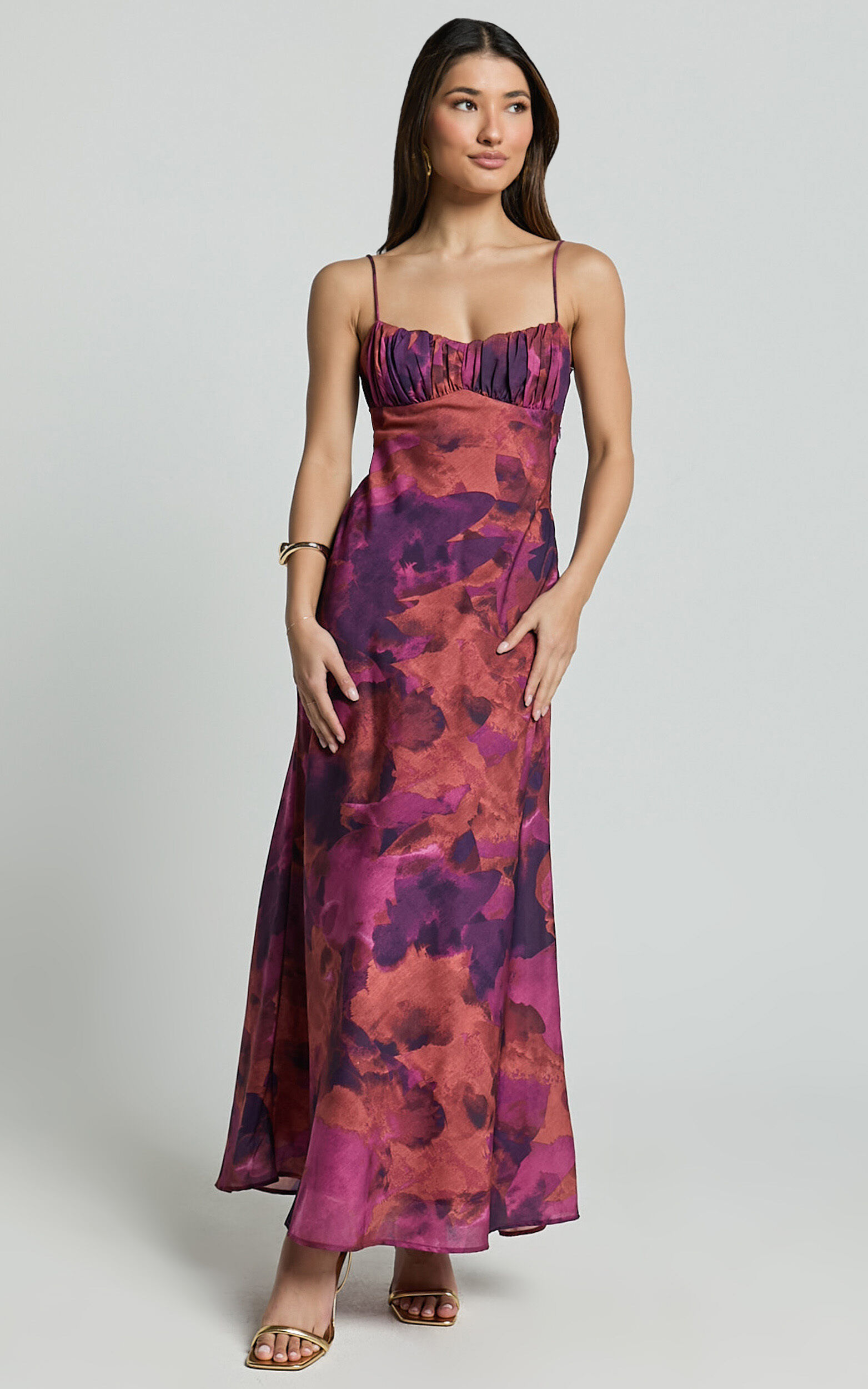 Giselli Midi Dress - Adjustable Strap Ruched Bust Dress in Dark Rose Print | Showpo
