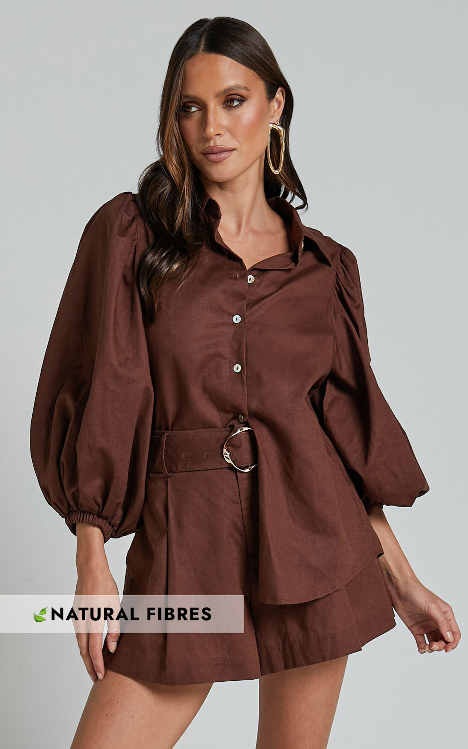 Amalie The Label - Janae Linen Blend Collared Puff Sleeve Button Up Shirt in Chocolate - 06, BRN1