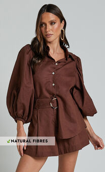 Amalie The Label - Janae Linen Blend Collared Puff Sleeve Button Up Shirt in Chocolate