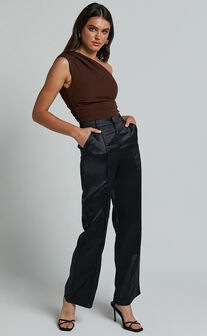 Luella Pants - Satin Straight Leg Tailored Trousers in Black