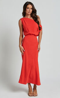 Jacqueline Midi Dress - Linen Look One Shoulder Dress in Sunset