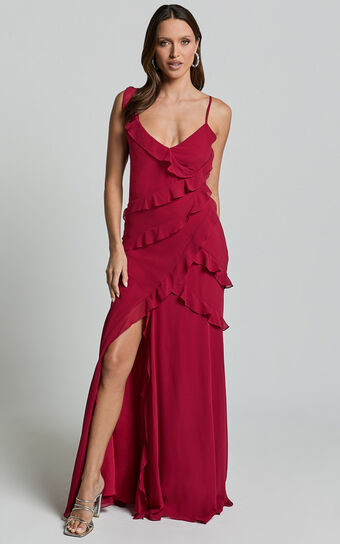 Nitha Maxi Dress - Asymmetrical Frill Thigh Split Dress in Berry Showpo