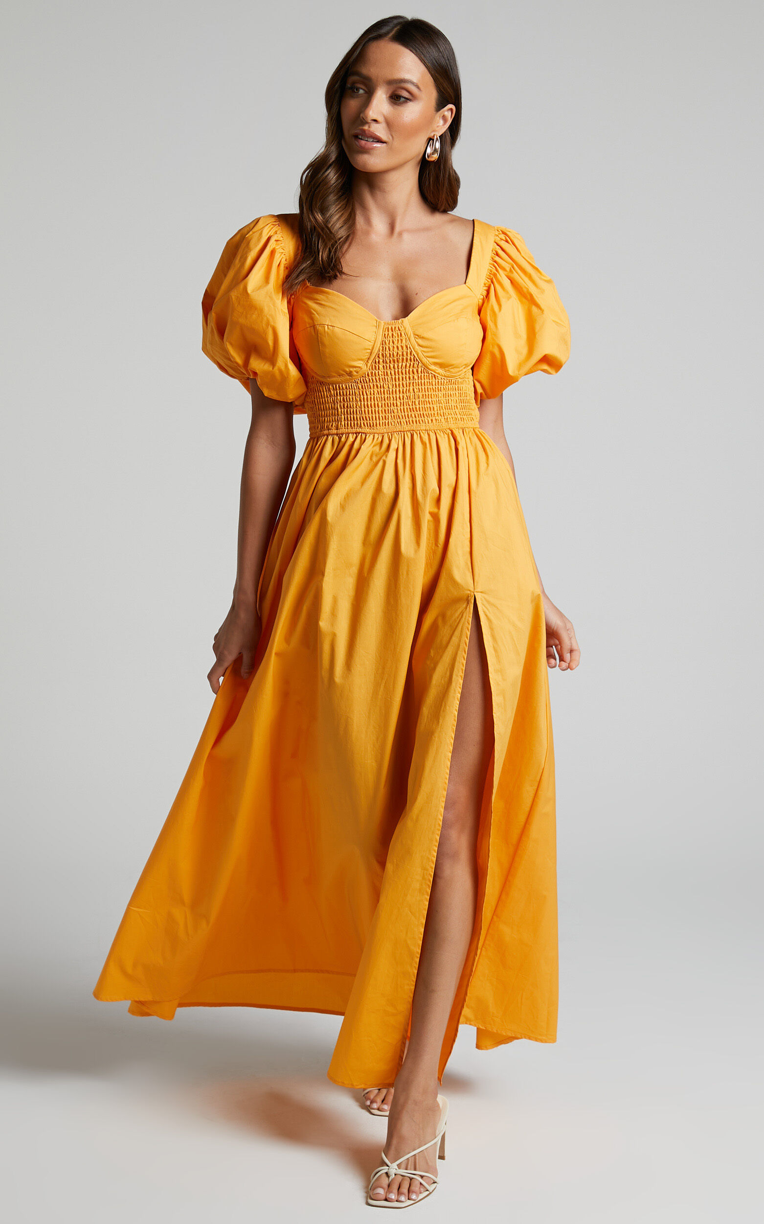 Raiza Midi Dress Shirred Waist Puff Sleeve Dress in MARIGOLD