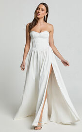 Vivian Maxi Dress - Strapless Corset Front Split Dress in Ivory | Showpo NZ