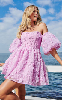 Amalie The Label - Lorena Sweetheart Off Shoulder Puff Sleeve Mini Dress in Purple
