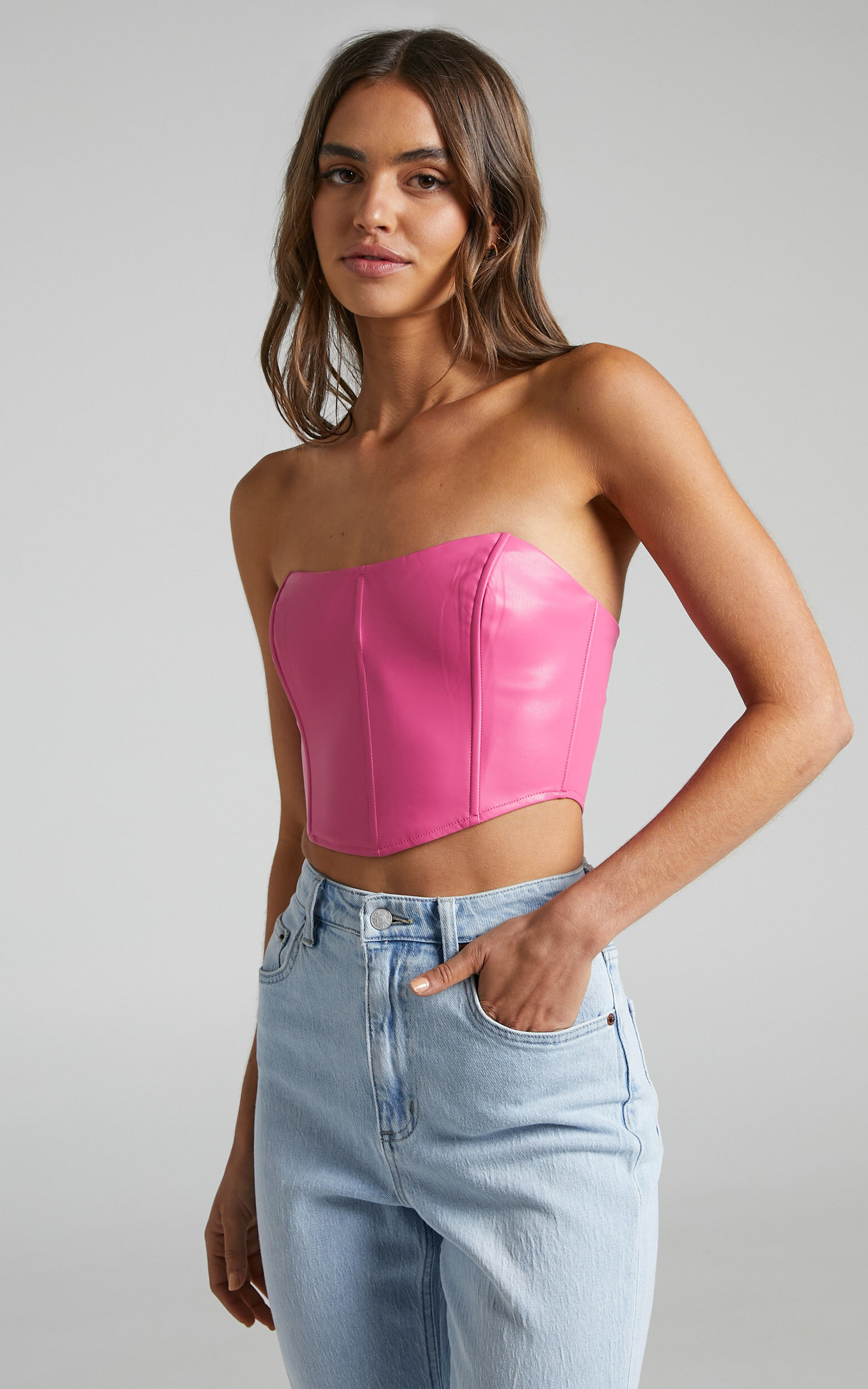 Lorrin Corset Faux Leather Cropped Corset in Hot Pink Showpo USA