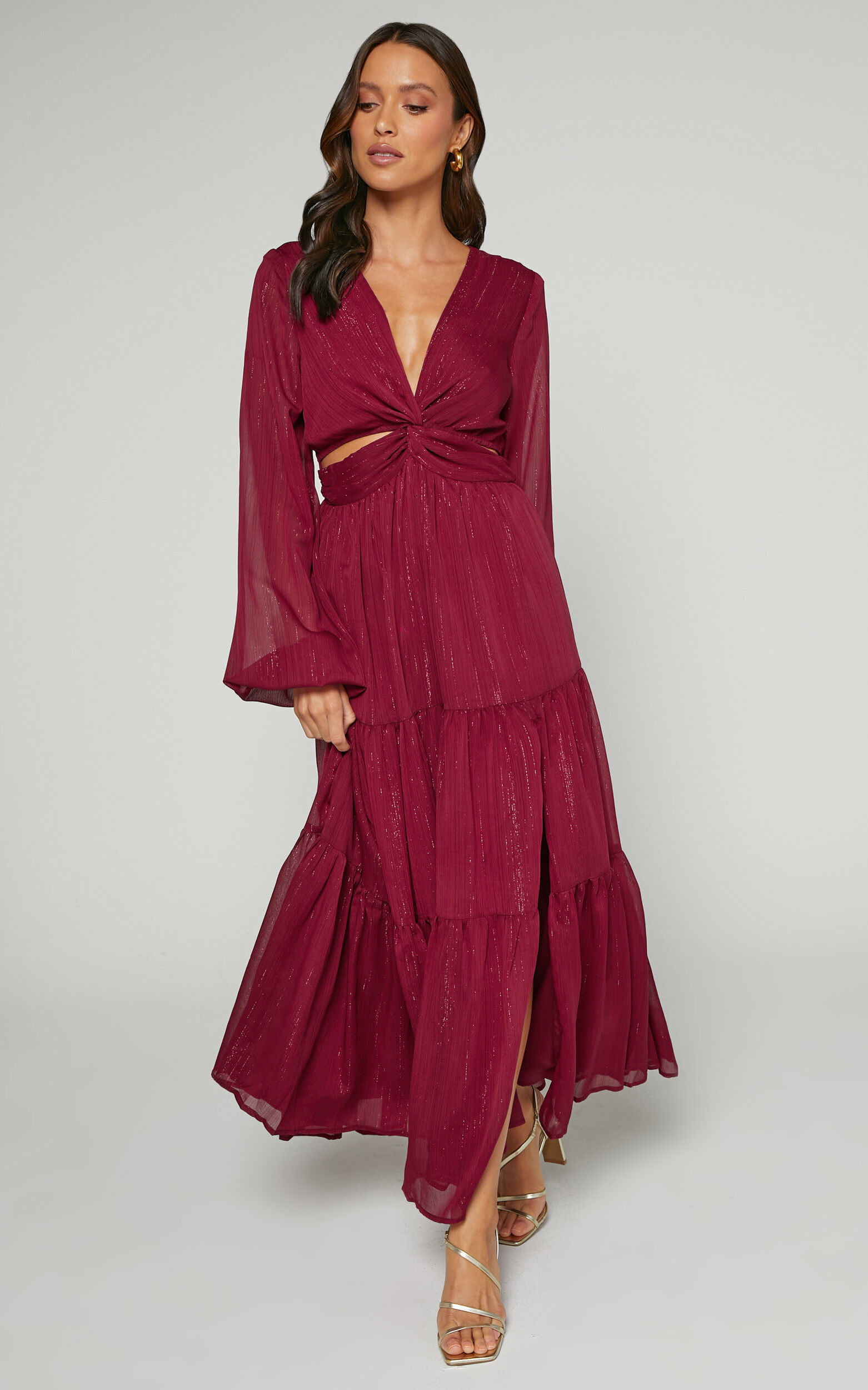 Burgundy midi dress with sleeves online