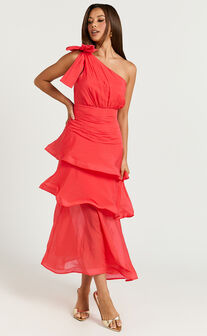 Eugenia Midi Dress - One Shoulder Fit and Flare Layered Dress in Red