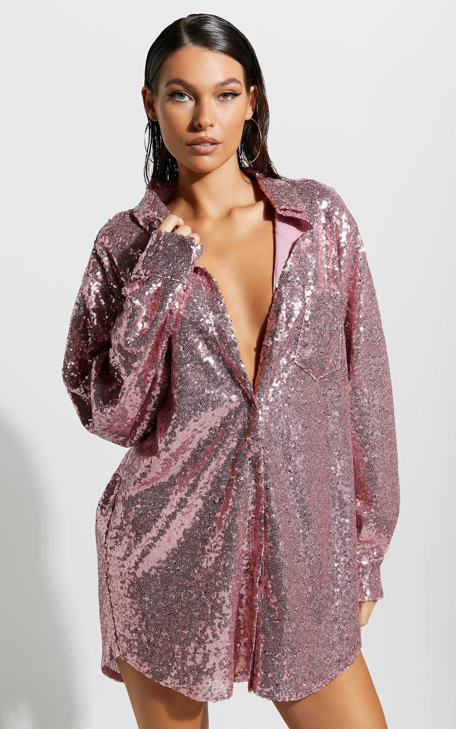 Cally Mini Dress - Oversized Shirt Dress in Lilac Sequin - 14, PRP1