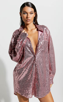 Cally Mini Dress - Oversized Shirt Dress in Lilac Sequin