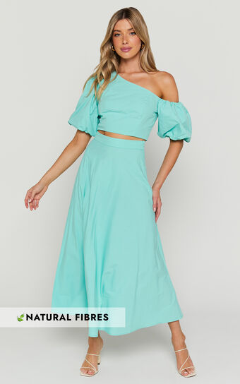 Austin Two Piece Set - Asymmetrical Top and Midi Skirt Set in Auqa