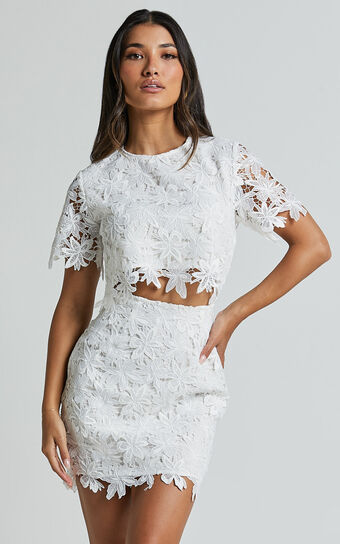 Salvi Two Piece Set - Short Sleeve Top and Mini Skirt Lace Set in Off White Showpo
