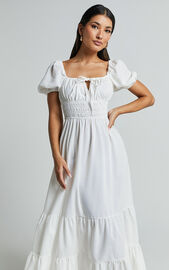 Claritza Midi Dress - Linen Look Short Puff Sleeve Square Neck Tiered Dress in White | Showpo USA