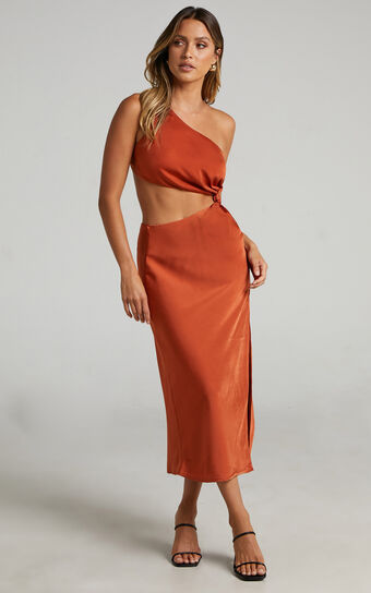 Kaniva Midi Dress - One Shoulder Open Back Dress in Rust
