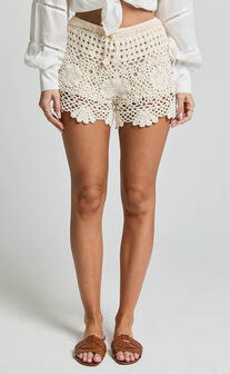 Liana Shorts - Crochet Drawstring Relaxed A Line Shorts in Cream