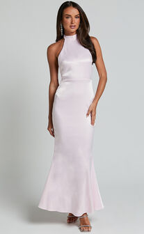 Britany Maxi Dress - Halter Neck Backless Ribbon Detail Fit and Flare Dress in Pink