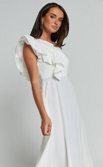 Dixie Midi Dress - Linen Look One Shoulder Ruffle Dress in White