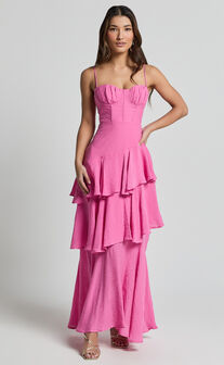 Diana Midi Dress - Sweetheart Ruched Bust Layered Dress in Hot Pink