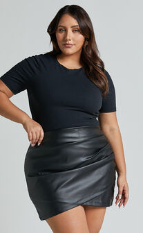Ashlyn Mini Skirt - Faux Leather Overlap Skirt in Black