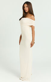 Caterina Maxi - Ruched Off Shoulder Mesh Dress in Off White | Showpo