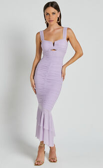 Kody Midi Dress - Bodycon Ruched Mesh Cut Out Dress in Lilac