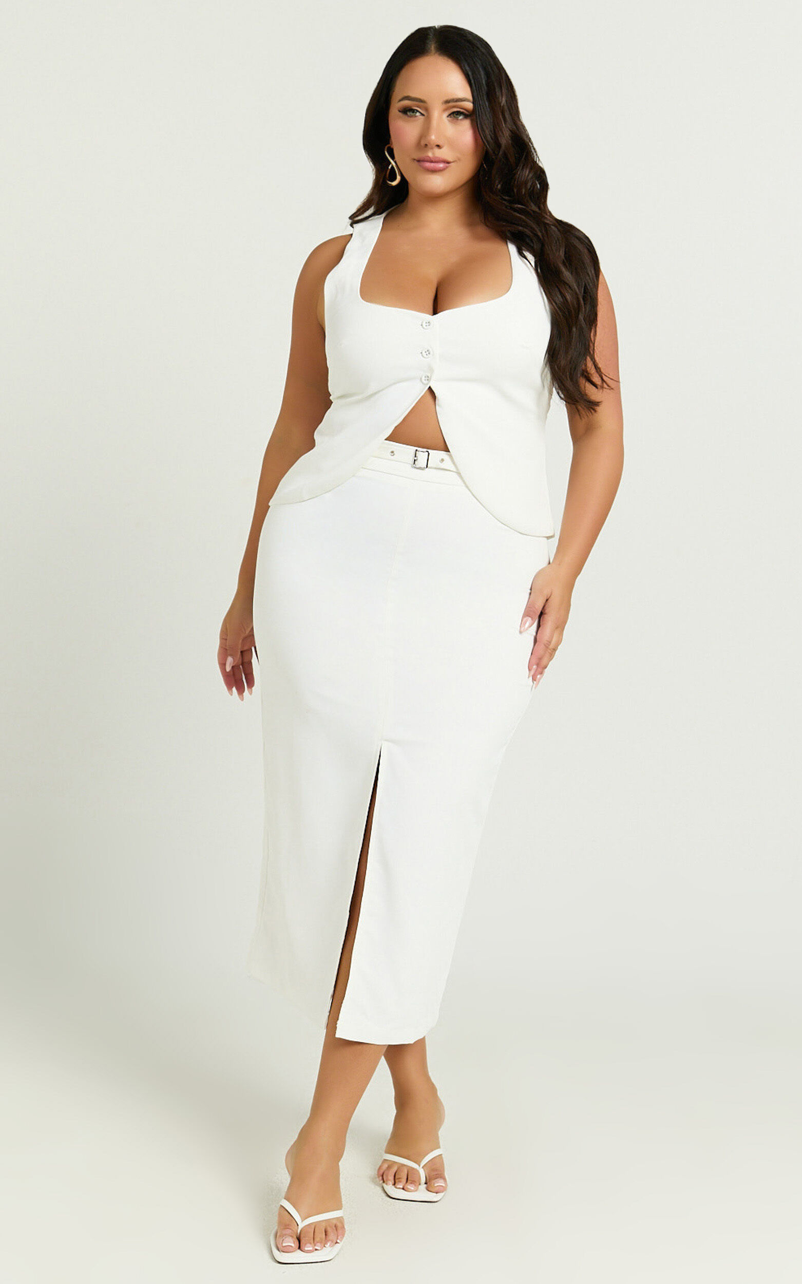 Romeo Midi Skirt High Waisted Front Split Pencil Skirt in White