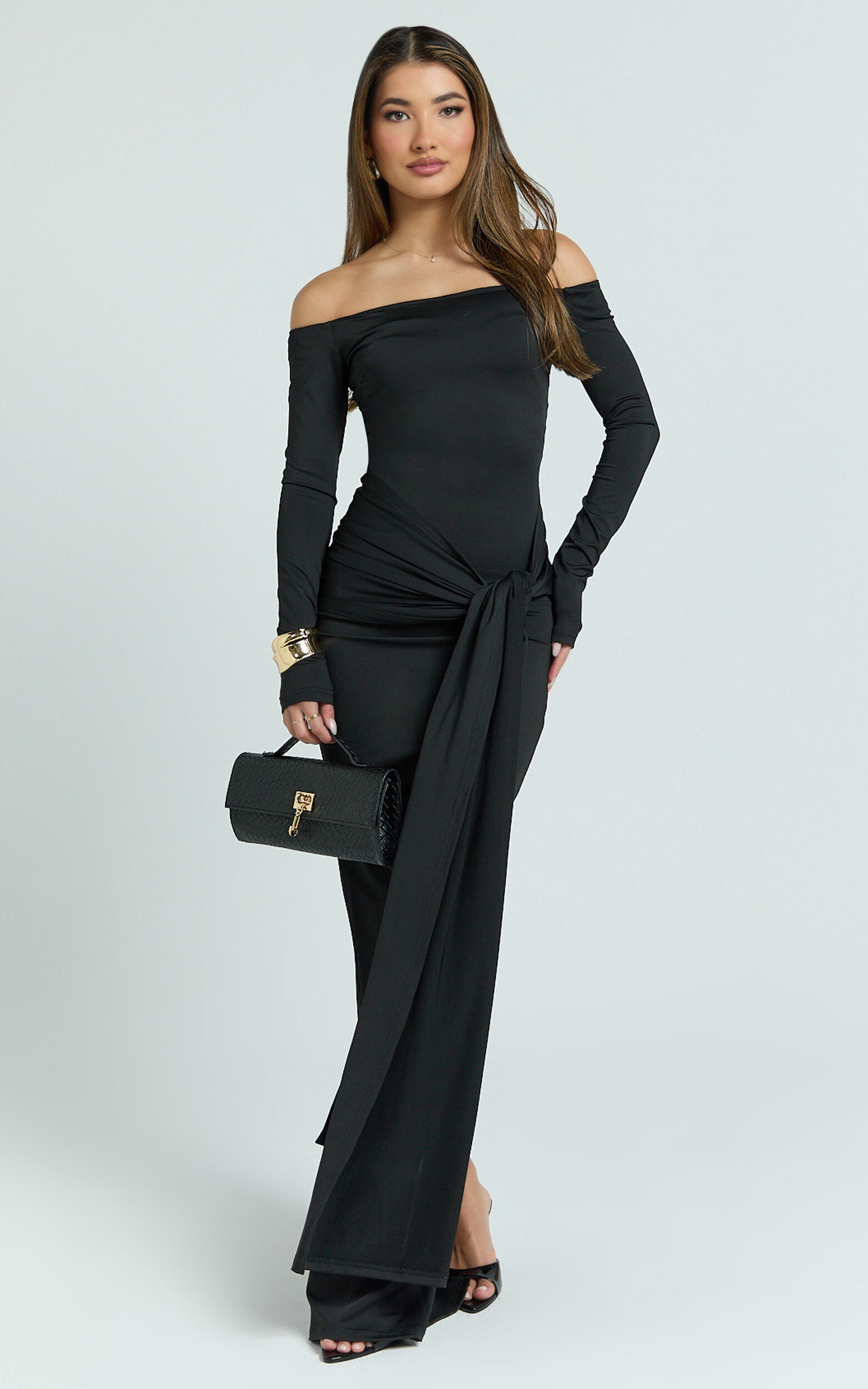 Judith Maxi Dress - Boat Neck Backless Tie Front Long Sleeve Jersey Dress in Black - 06, BLK1