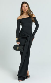 Judith Maxi Dress - Boat Neck Backless Tie Front Long Sleeve Jersey Dress in Black
