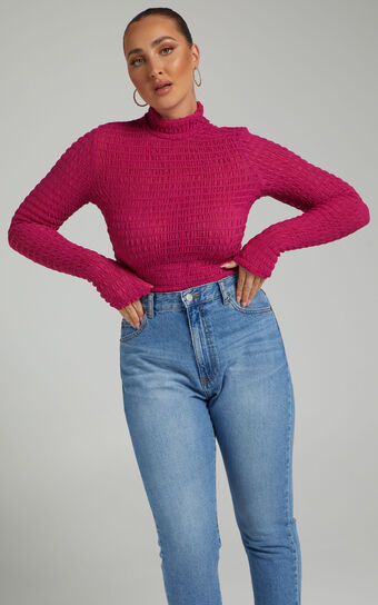 Kamila Top - High Neck Long Sleeve Top in mulberry