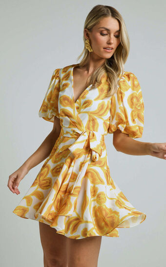 Aleka Mini Dress - V Neck Balloon Sleeve Wrap in Sunshine Floral