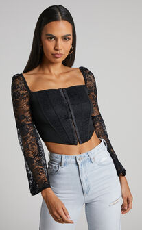 Sienna Top - Lace Bell Sleeve Corset Top in Black