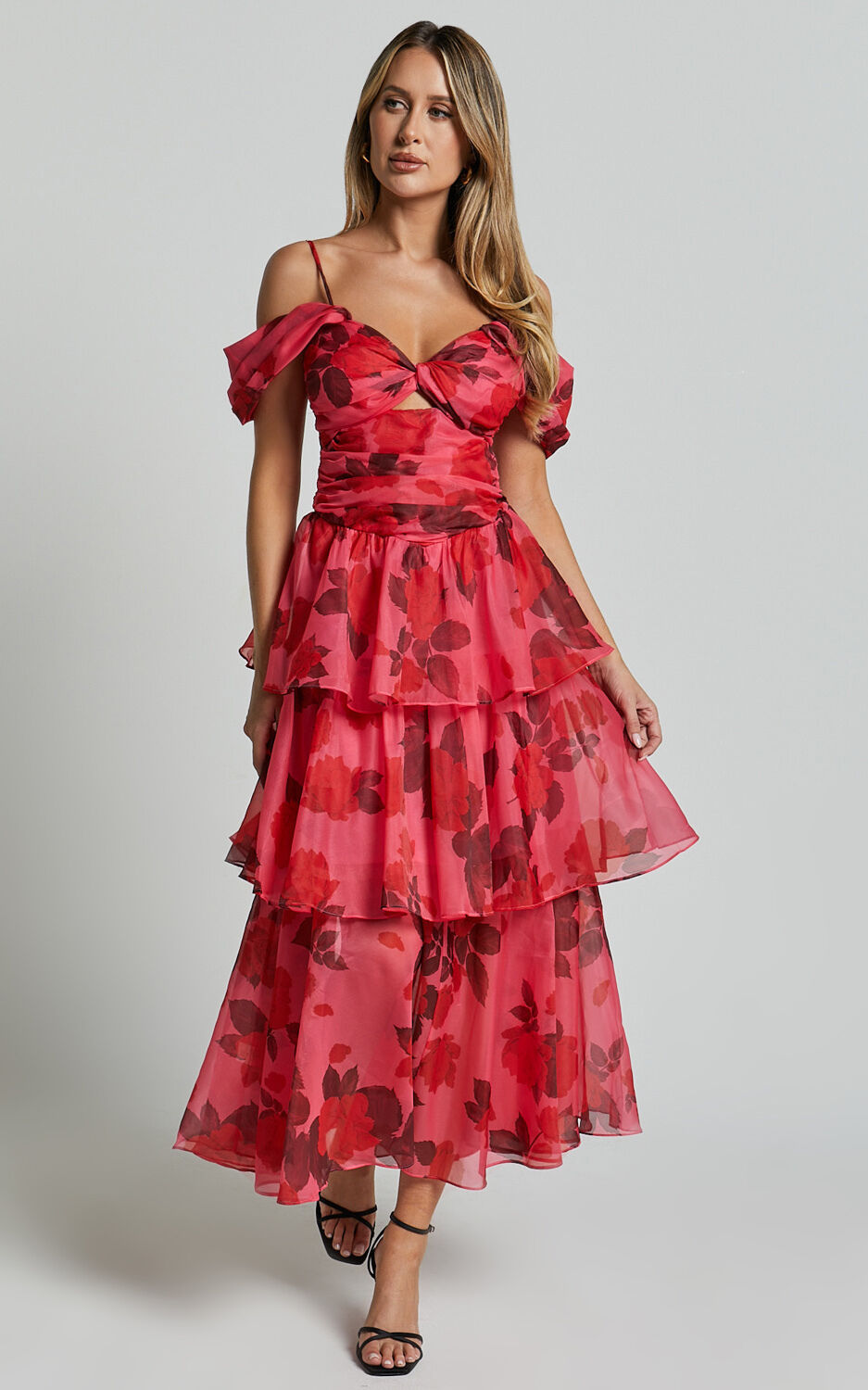 【PORTERNA】DeSong Cutout Off Shoulder Xena Midi Dress - Off The Shoulder Cut Out Front Layered