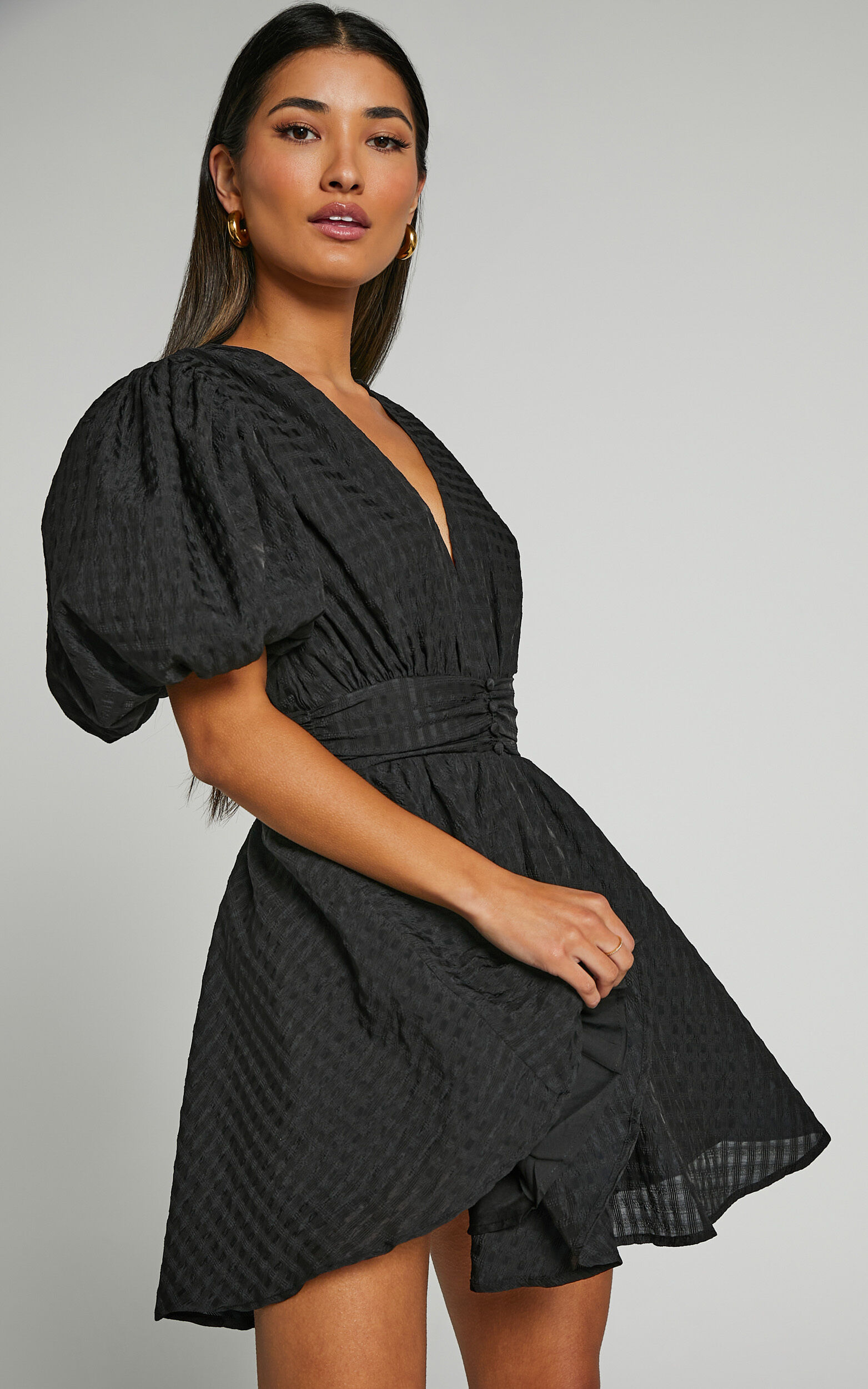 Xandy Mini Dress - Textured Puff Sleeve Plunge Dress in
