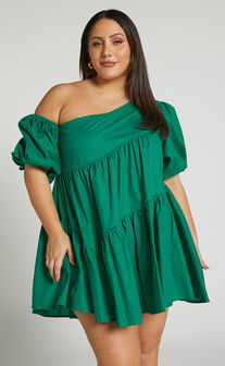 Harleen Mini Dress - Linen Look Asymmetrical Trim Puff Sleeve Dress in Green